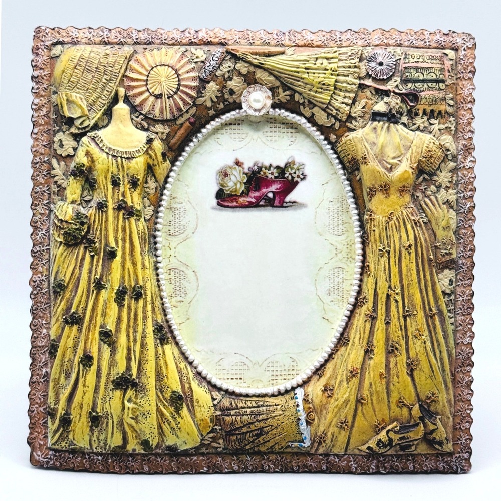 Victorian Shabby Chic Photo Frame Raised Relief Dress Parasol Cottagecore